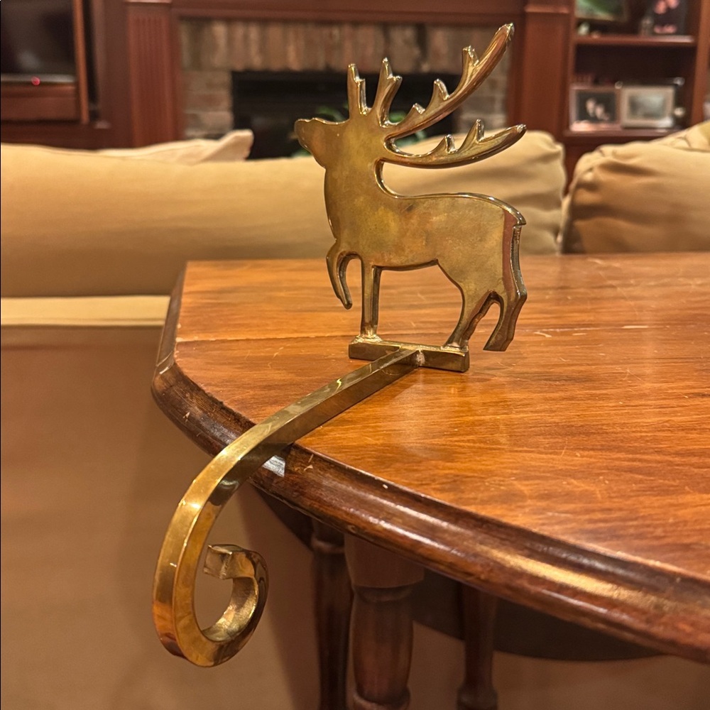 Vintage Christmas Stocking Holder Reindeer Solid Brass Holiday Classic Heavy
